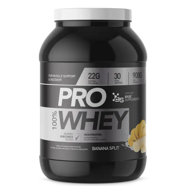 Pro-whey-100%-908g-–-Basic-Supplements Pro Whey 100% 908g Basic Supplements – protein surutke sa 22 g proteina i 5 g BCAA, minimalno šećera i odličan ukus
