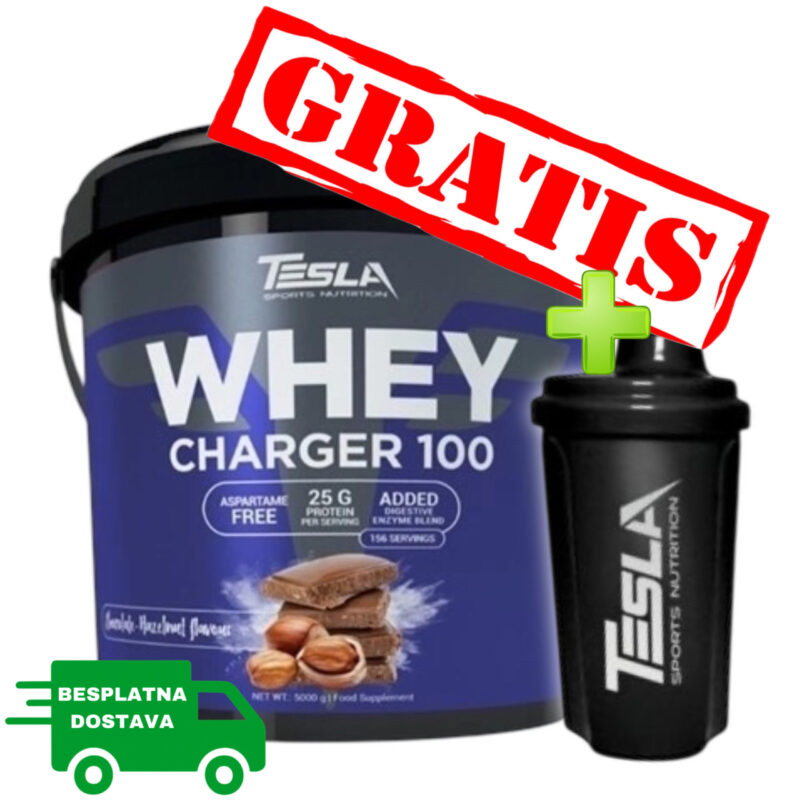 Tesla Whey Charger100 protein 5kg – visokoproteinski dodatak sa enzimima i vitaminima za izgradnju mišićne mase + gratis šejker