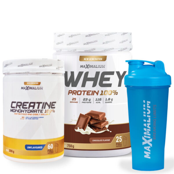 MAX Promo Paket Maximalium - Whey protein, kreatin monohidrat i šejker za rast mišića i snagu.